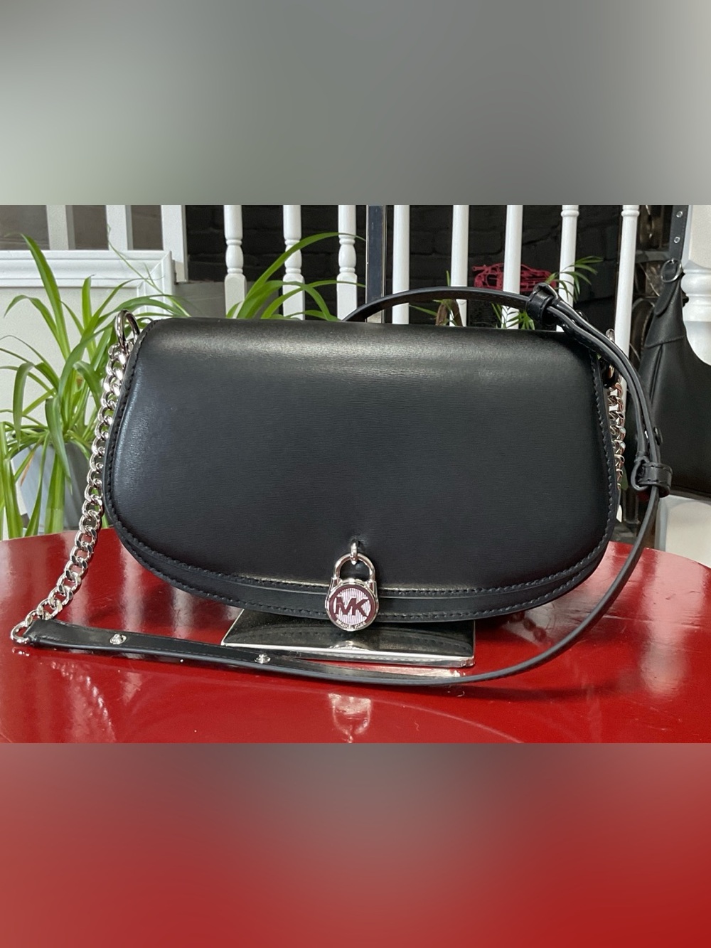 Michael Kors Black Leather Crossbody with Signature Padlock Charm